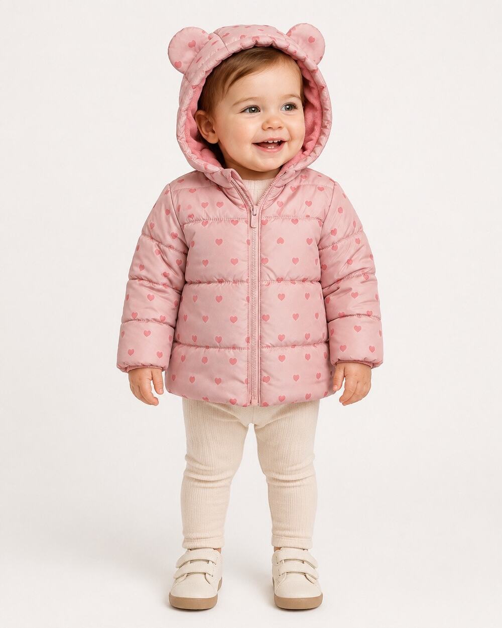 Old Navy Baby Girls 12-18M Pink Heart Puffer Jacket Bear Ear Hood
